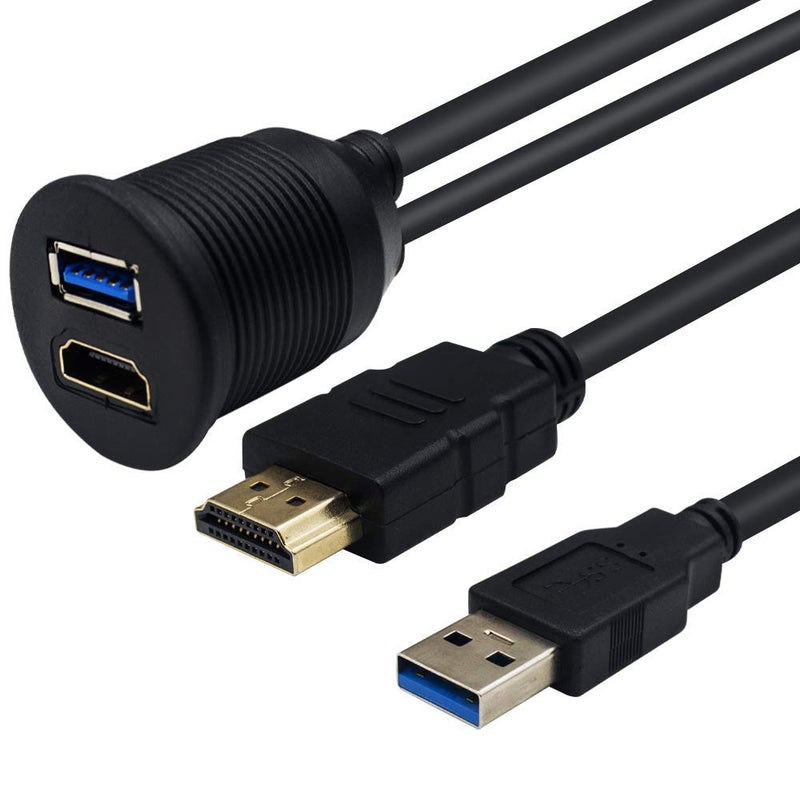 Duttek USB3.0 to HDMI Panel Flush Mount Cable 6.6FT/2M, USB 3.0 & HDMI Male to Female Extension Mount, Dash Mount, Flush, Panel Mount Cable, for Car, Boat, Motorcycle - Image 2